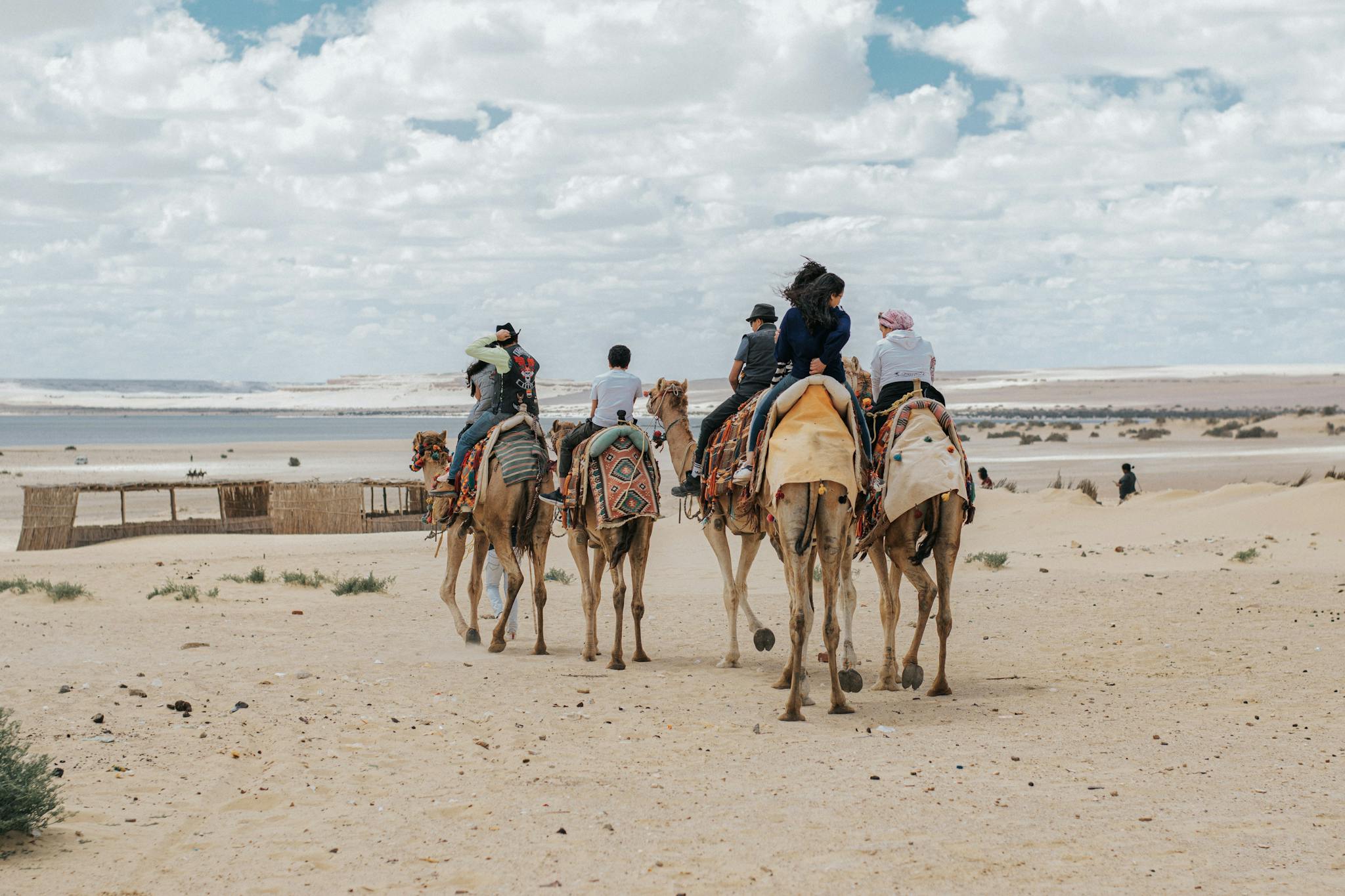 Group enjoying a camel ride in Faiyum Oasis, Egypt under a cloudy sky.